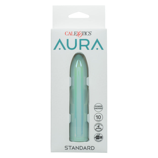 Aura Standard Rechargeable Silicone Stimulator Teal in packaging showcasing its sleek design and features.