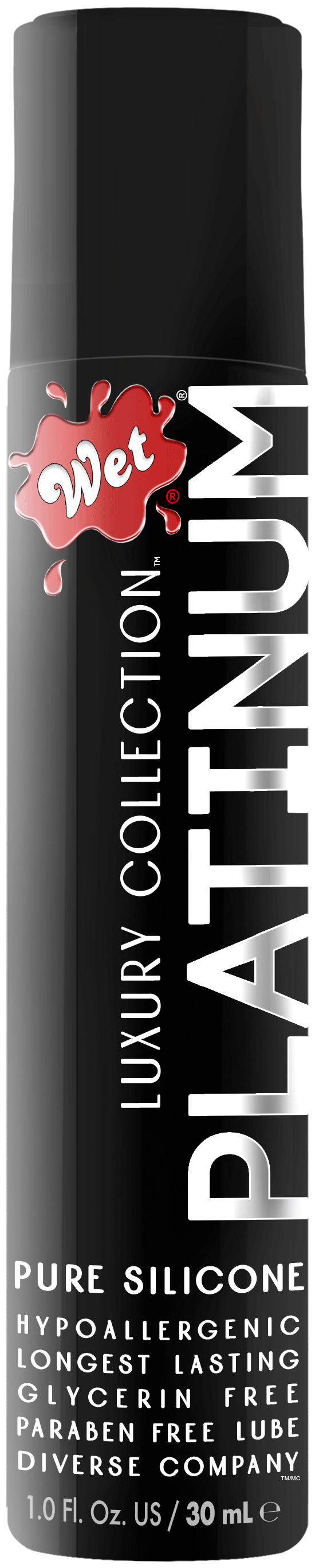 Wet Platinum Luxury Silicone Lubricant 1 Oz bottle displaying luxury collection features and hypoallergenic properties.