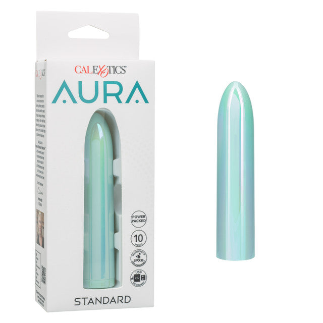 Aura Standard Rechargeable Silicone Stimulator Teal in packaging showing sleek design and 10 speeds of vibration.