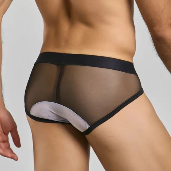 MaleBasics MOB Maitre D Costume Brief Black Small showcasing a sleek back design with mesh details.