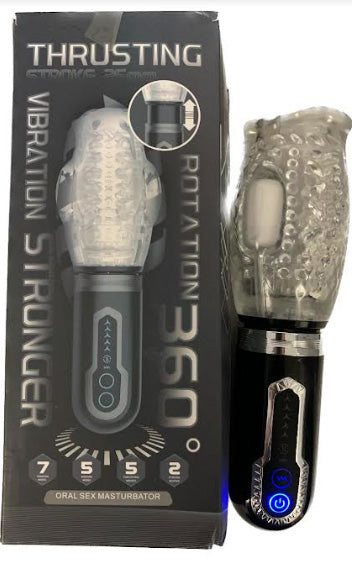 Thrusting Rotating Vibrating Male Stroker in packaging with multi-motion stimulation features.