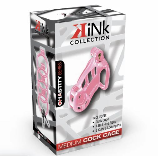 Kink Chastity Series Locking Cock Cage Medium Pink packaging with included accessories in bright colors.