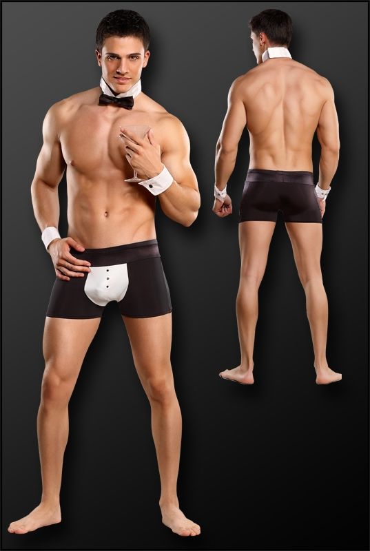 Male Power Butt-ler Men's Bedroom Costume Black L/XL model showcasing the playful and sexy three-piece set.