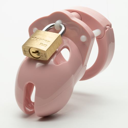 CB-X Mr Stubb Kit 1.75 Inch Pink Chastity Cock Cage with golden lock and body-safe design.