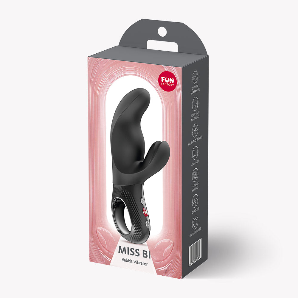 Fun Factory Miss Bi Rabbit Vibrator Black in its packaging, showcasing its elegant design and features.