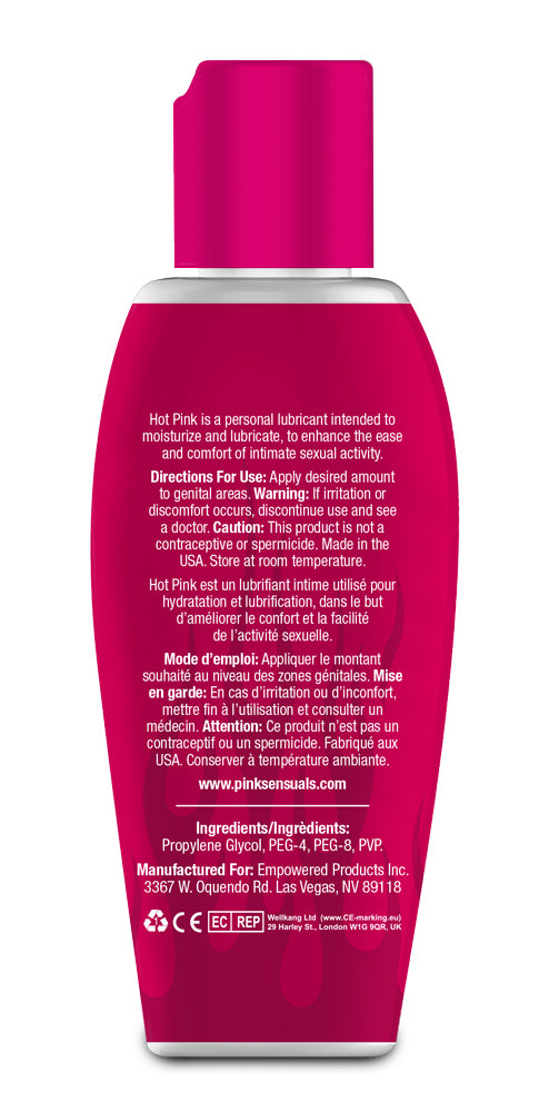 Hot Pink Warming Lubricant for Women 2.8 Oz bottle with directions and ingredients listed on the back.