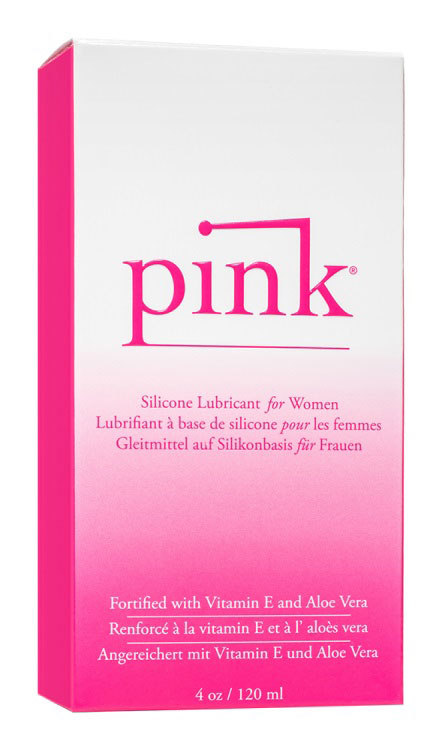 Pink Silicone Lubricant for Women 4 Oz packaging featuring vitamin E and aloe vera for enhanced comfort.