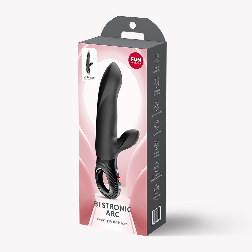 Fun Factory Bi Stronic Arc Vibrator Black packaged with ergonomic handle and thrusting features.