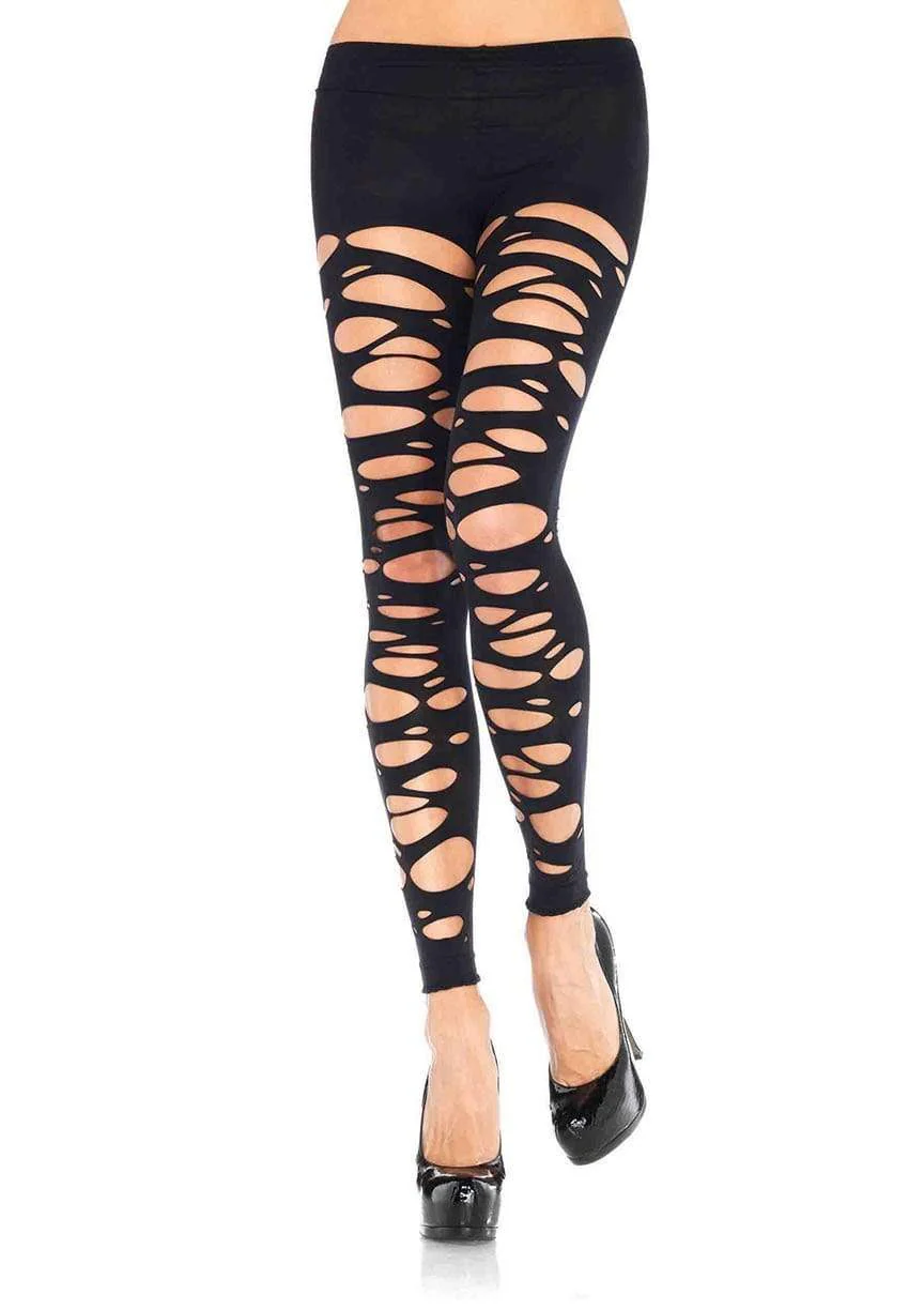 Leg Avenue Posy Tattered Footless Tights Black One Size featuring bold cutouts for a dramatic look.