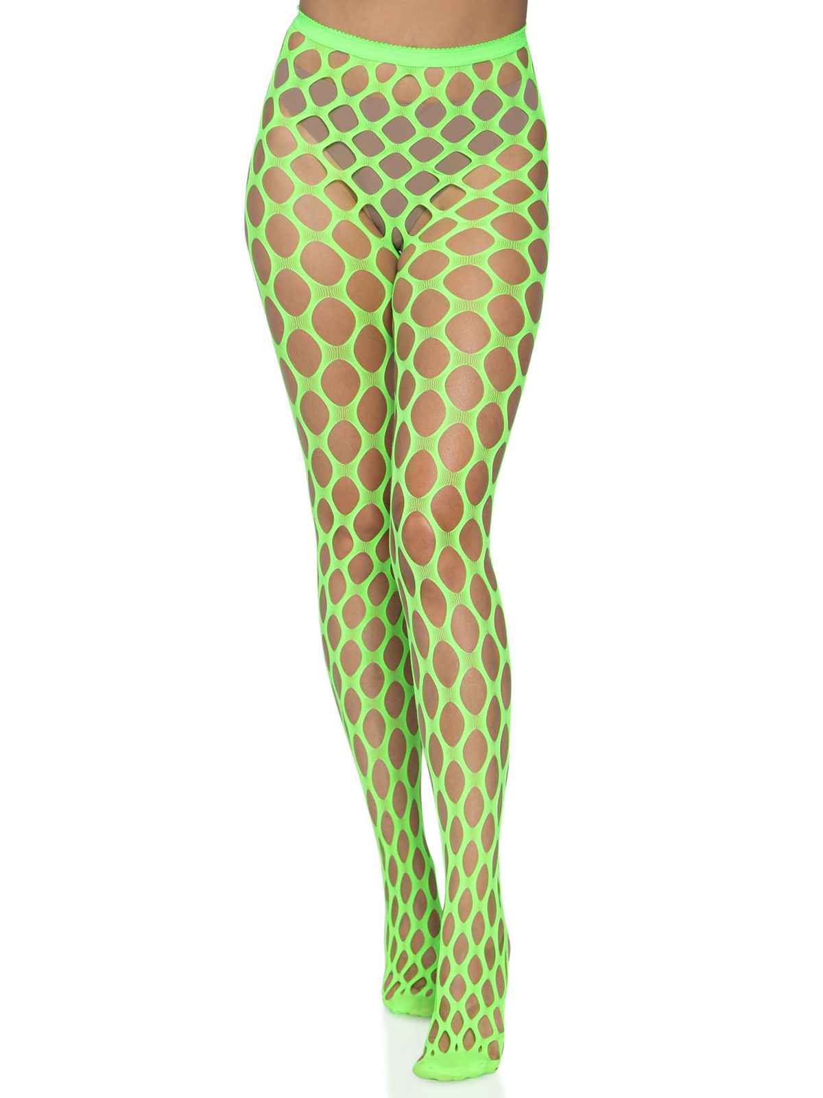 Leg Avenue Jumbo Pothole Net Tights Neon Green One Size showcasing bold oversized fishnet design in vivid neon green.