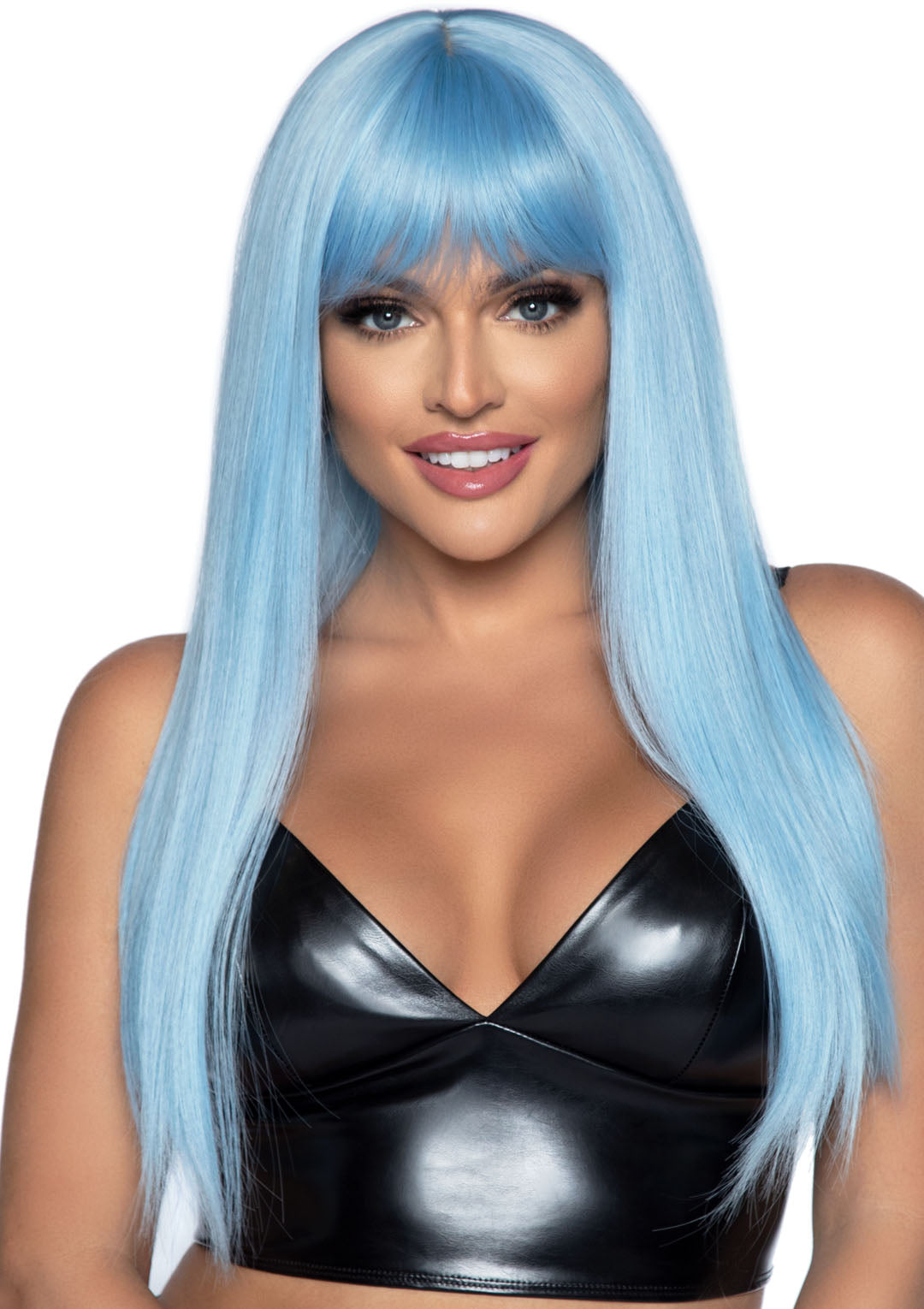 Leg Avenue 24 Inch Long Straight Bang Wig Blue displayed on a model with sleek blue hair and face-framing bangs.