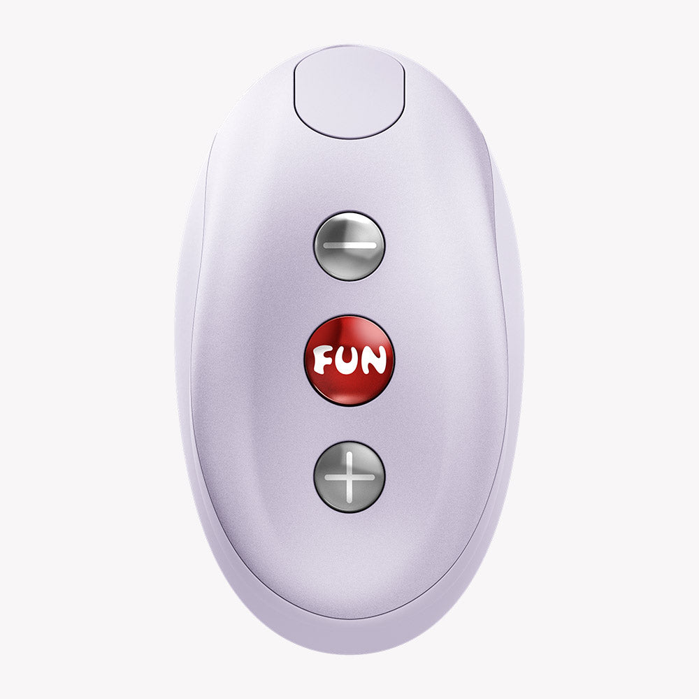 Fun Factory Mea Air Pulse Vibrator Purple remote control with buttons for stimulation settings.
