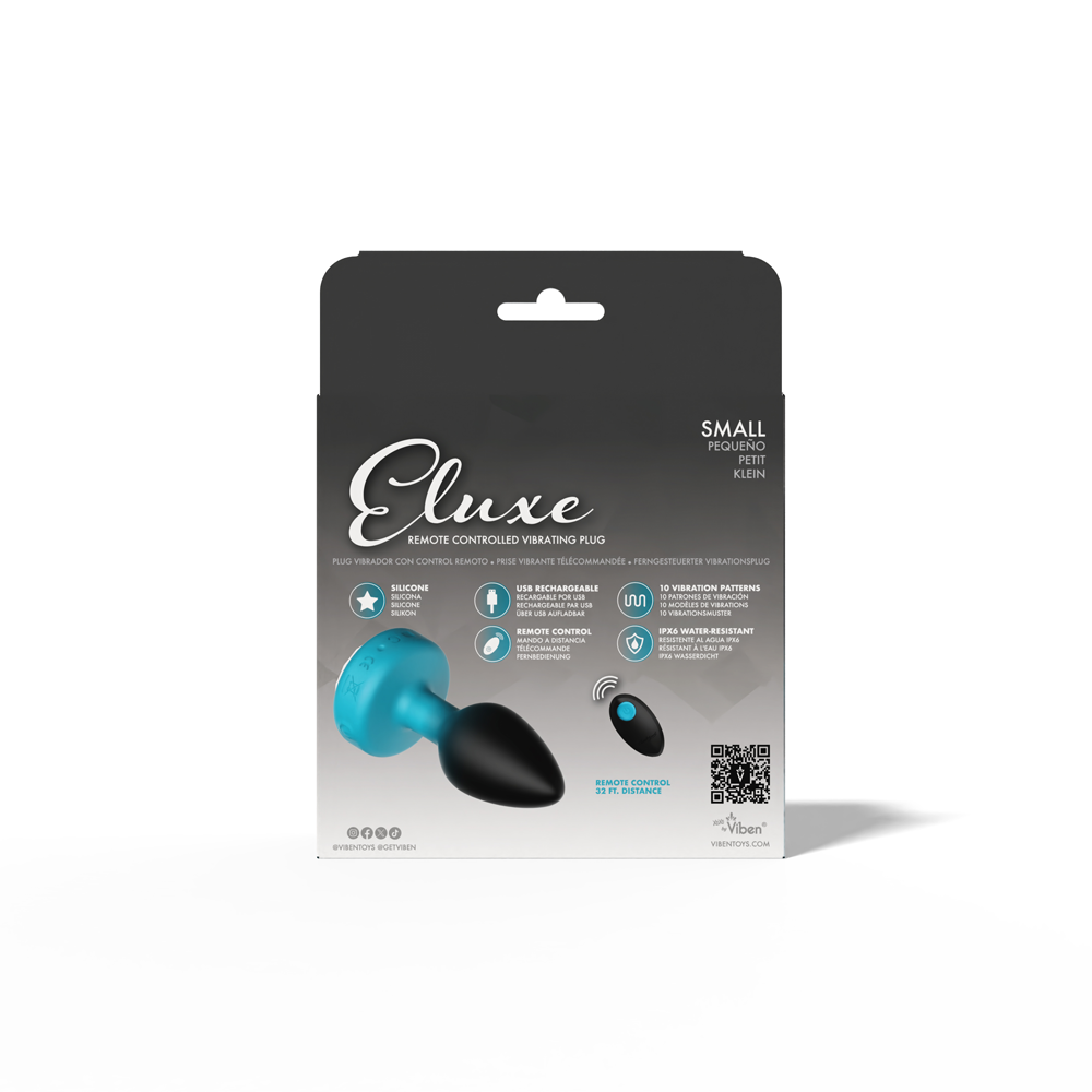 Eluxe Vibrating Clear Gem Blue Ombre Plug Small With Remote packaging with detailed features and design.