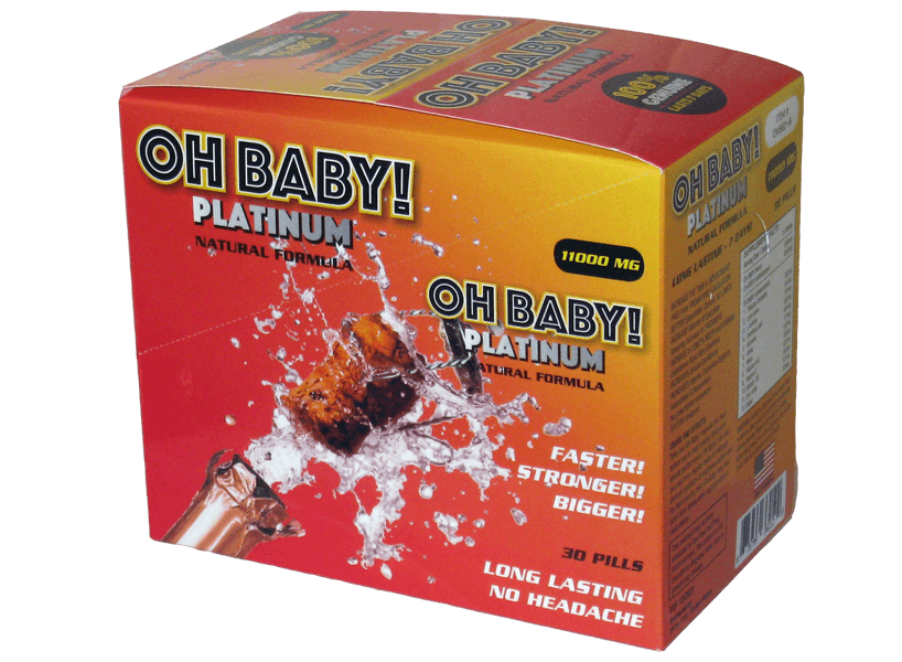 Oh Baby Platinum Male Vitality Support 30 Pc Display box featuring natural formula and health benefits.