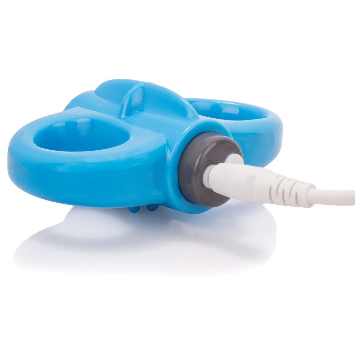 Screaming O Charged Yoga Rechargeable Vibe Ring Blue side view with charging cable.