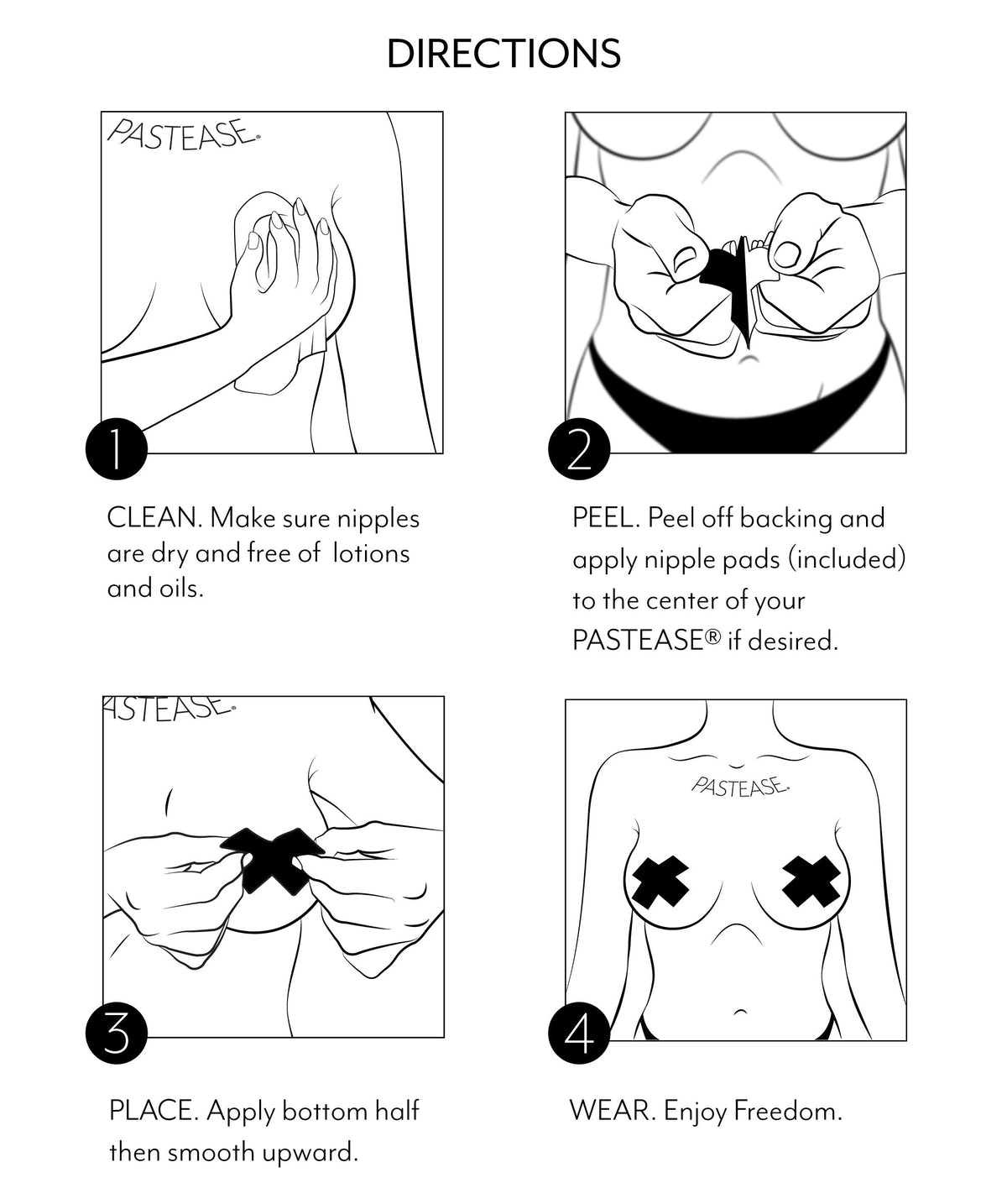 Instructions for applying Pastease Love Gold Snake Print Tie Dye Heart Nipple Pasties.