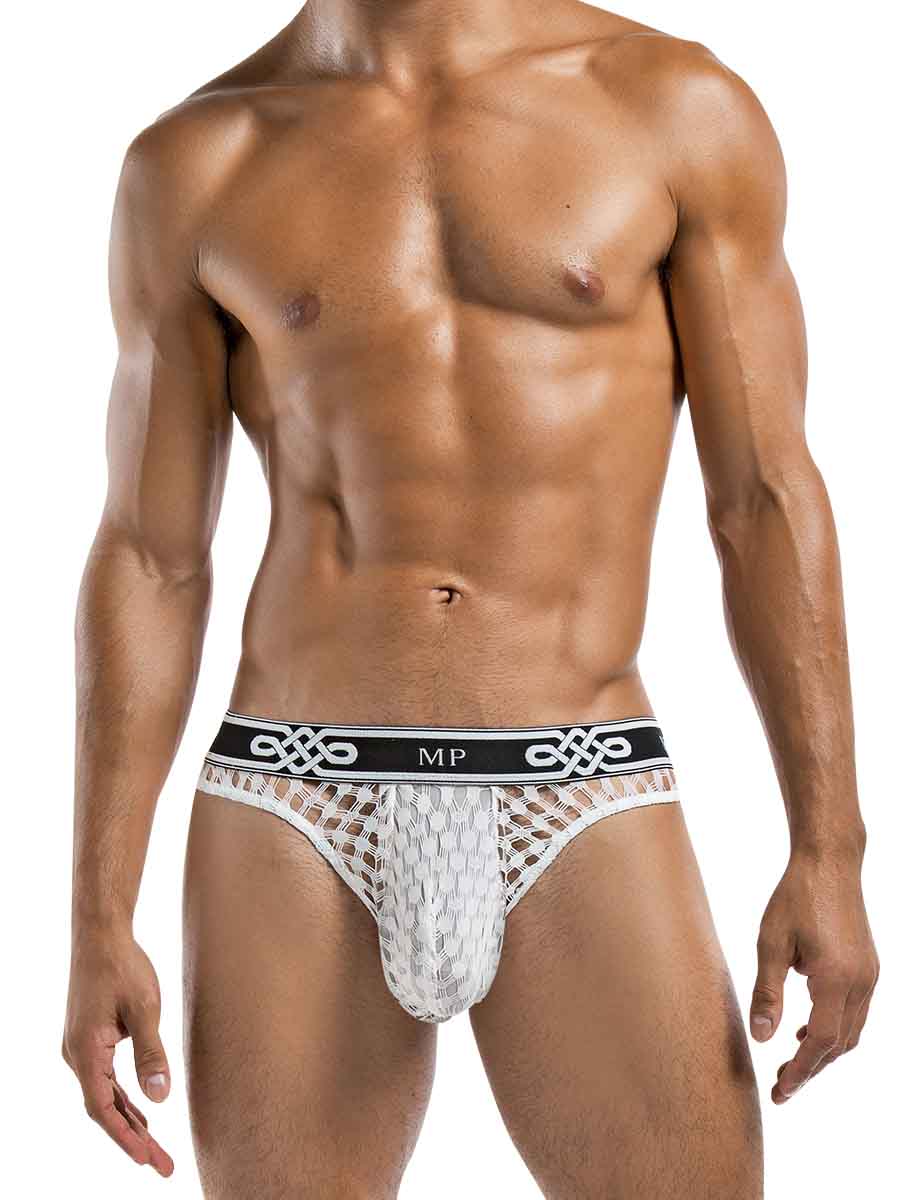 Male Power Peep Show Low Rise Thong White Small to Medium on a model showcasing its daring design and sheer fabric.