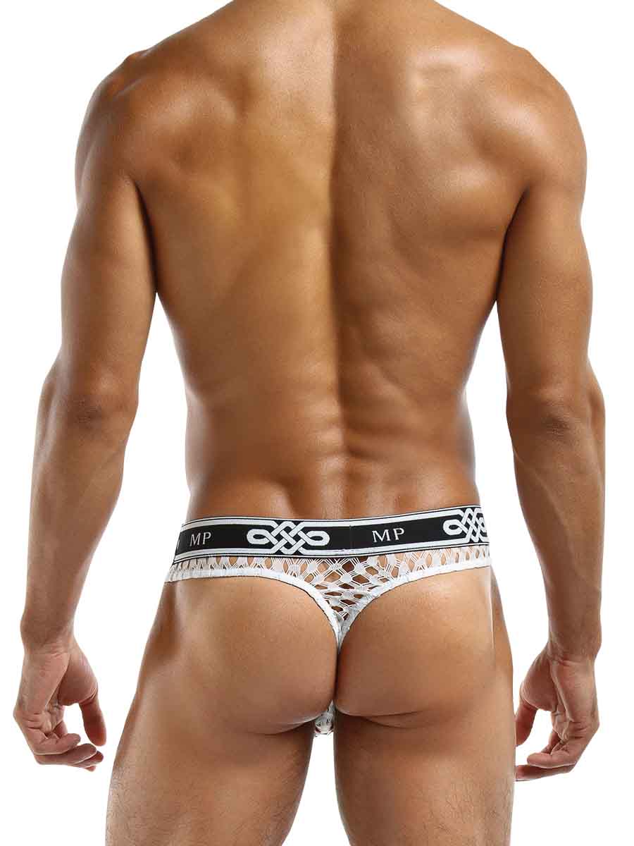 Male Power Peep Show Low Rise Thong White Small to Medium displayed from the back, showcasing the sheer design.