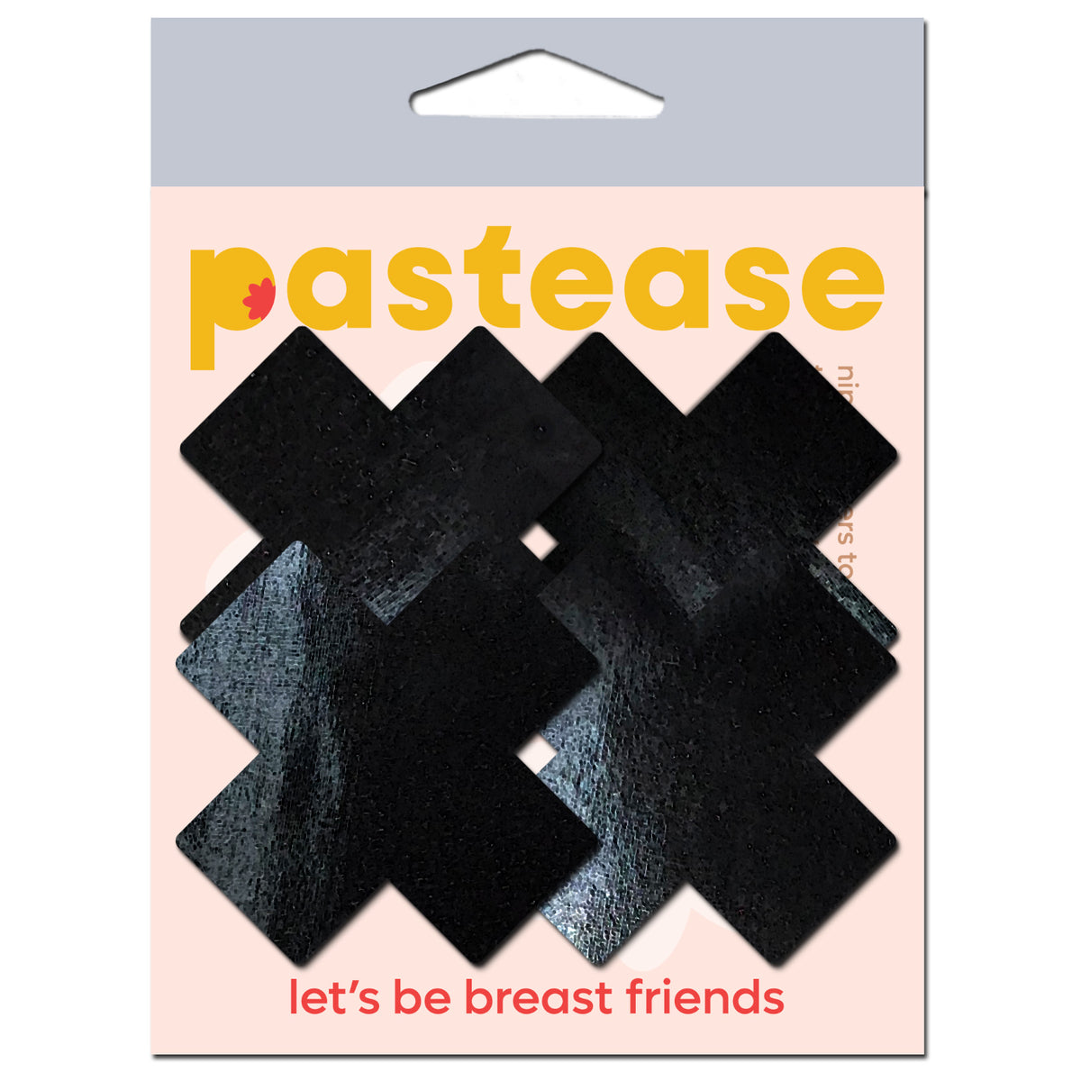 Pastease Petite Plus X Faux Latex Black Cross Nipple Pasties packaging featuring small black cross-shaped pasties.