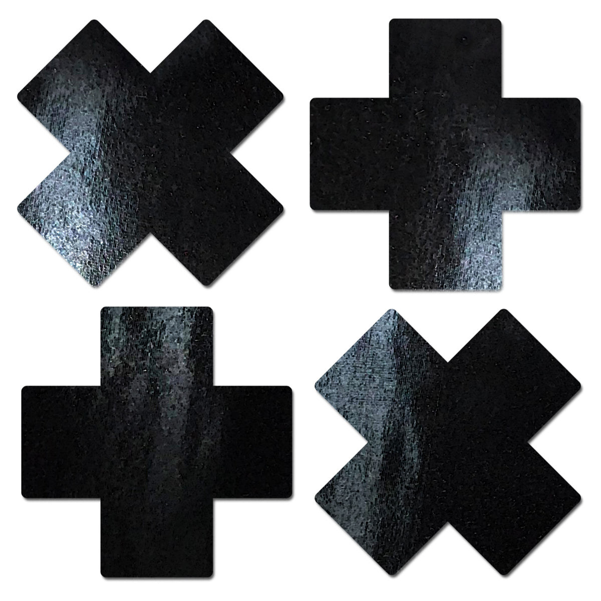 Pastease Petite Plus X Faux Latex Black Cross Nipple Pasties in glossy black, small cross-shaped design for stylish coverage.