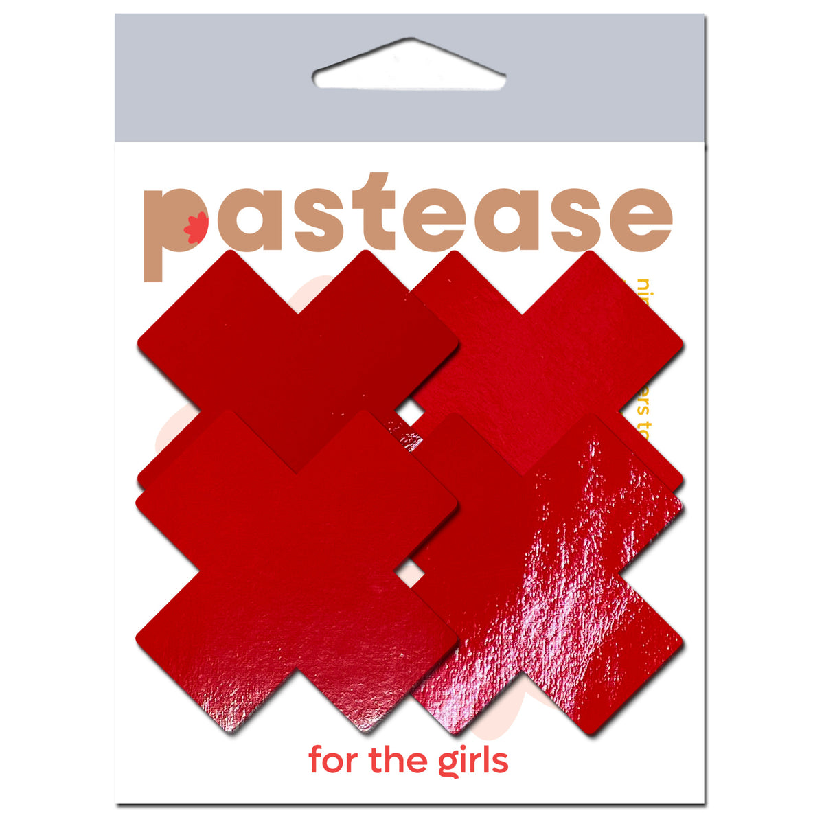 Pastease Petite Plus X Faux Latex Red Cross Nipple Pasties in a package featuring four red cross designs.