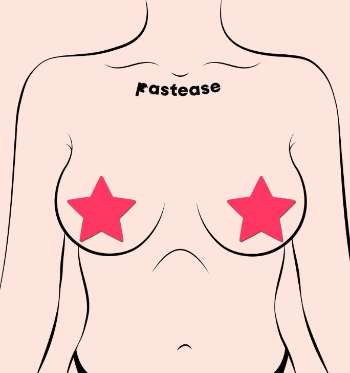 Pastease Star Glow In The Dark Pasties Neon Pink showcased on a model, featuring bright star-shaped nipple covers.