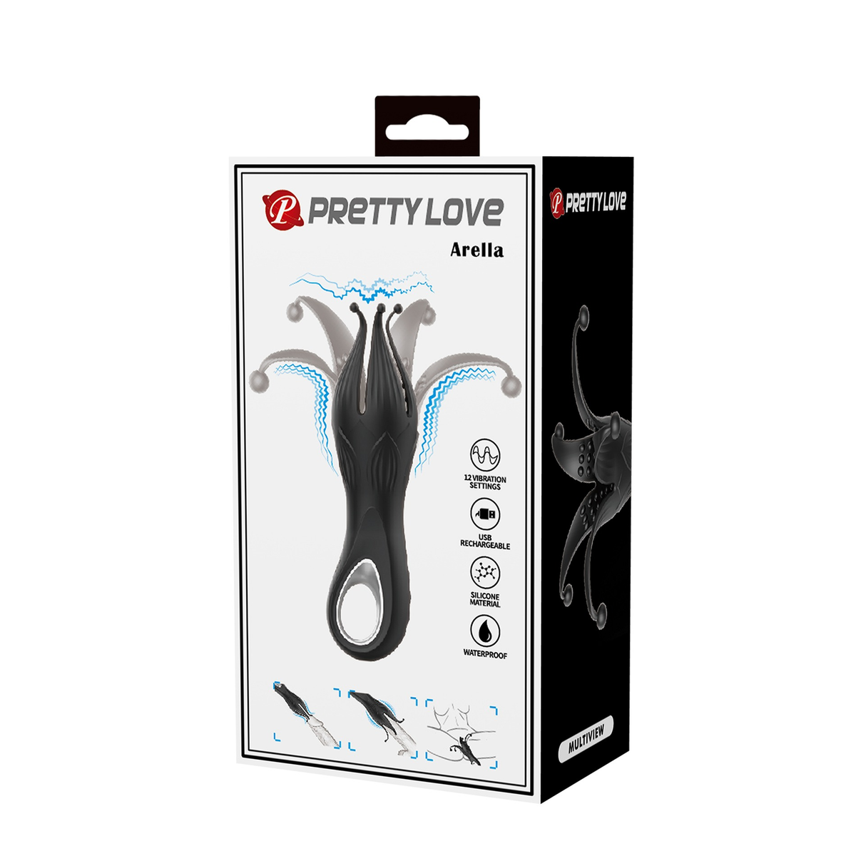 Pretty Love Arella Multi Petal Stimulator Black packaging showcasing its unique octopus-inspired design.