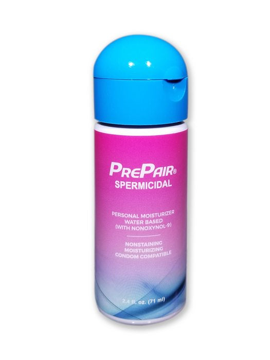 PrePair Spermicidal Water-based Lubricant 2.4 Oz bottle with blue cap, FDA cleared personal lubricant.