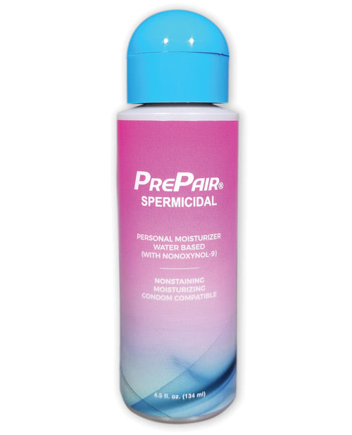 PrePair Spermicidal Water-based Lubricant 4.5 Oz in a pink and blue bottle, designed for comfortable lubrication and contraceptive support.