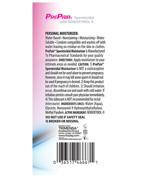 PrePair Spermicidal Water-based Lubricant 4.5 Oz product label detailing ingredients and usage instructions.