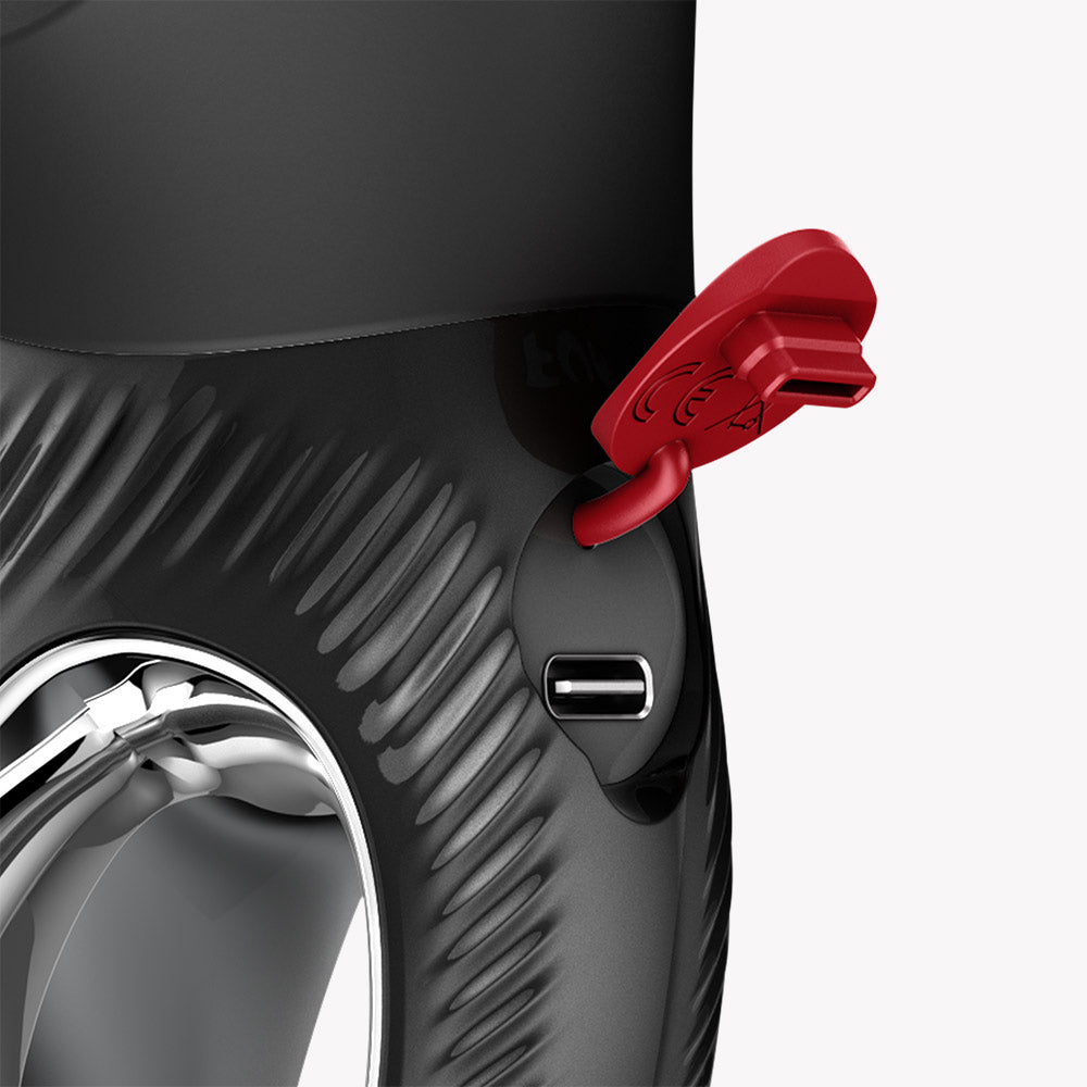 Close-up of USB-C charging port on Fun Factory Miss Bi Rabbit Vibrator Black showing waterproof design.