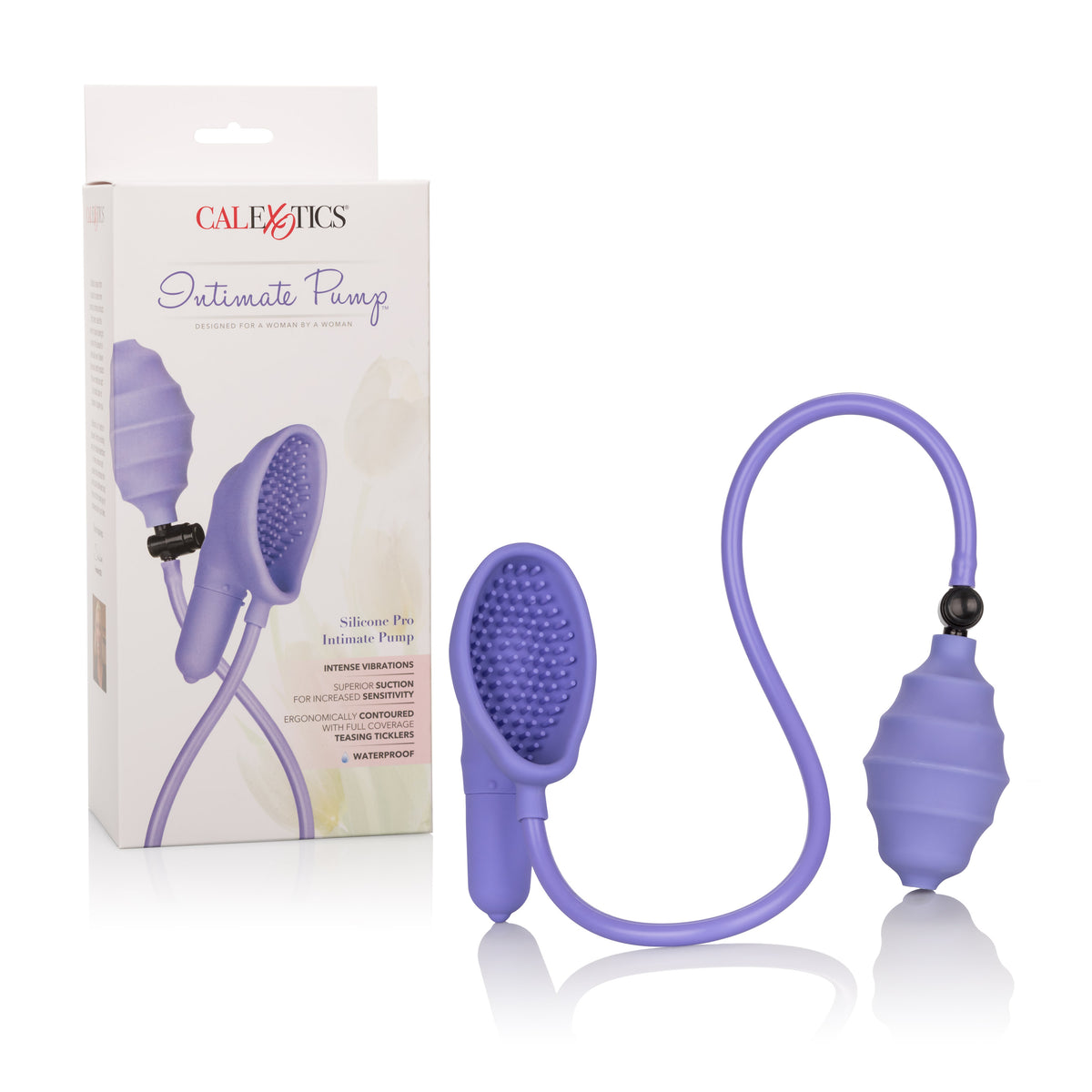CalExotics Silicone Pro Intimate Clitoral Pump Purple with silicone suction cup and vibrating features.
