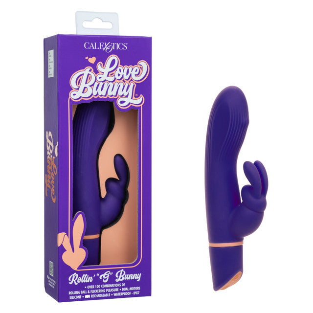 Love Bunny Rollin' G Bunny Dual Motor Vibrator Purple in packaging, showcasing its sleek design and features.