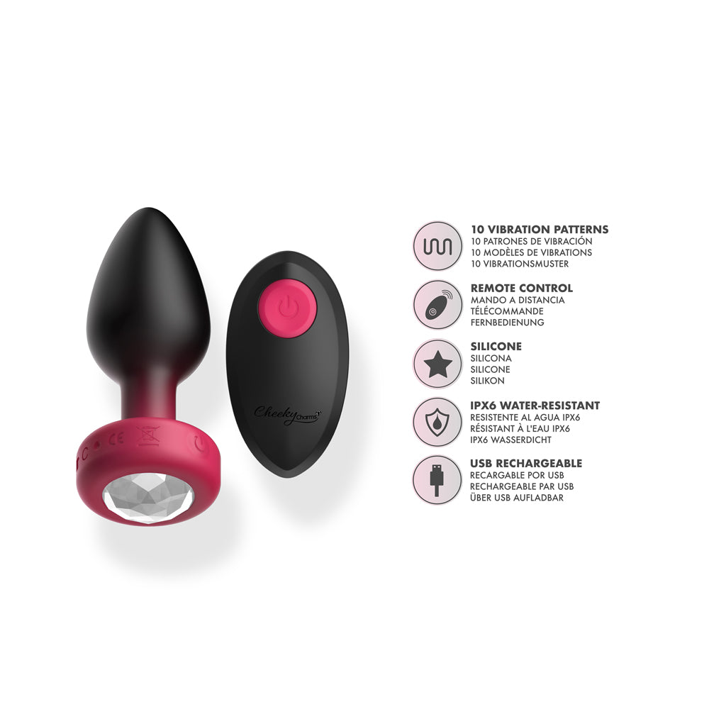 Eluxe Vibrating Ruby Ombre Anal Plug Medium Remote with remote control and diamond base, showcasing 10 vibration functions.