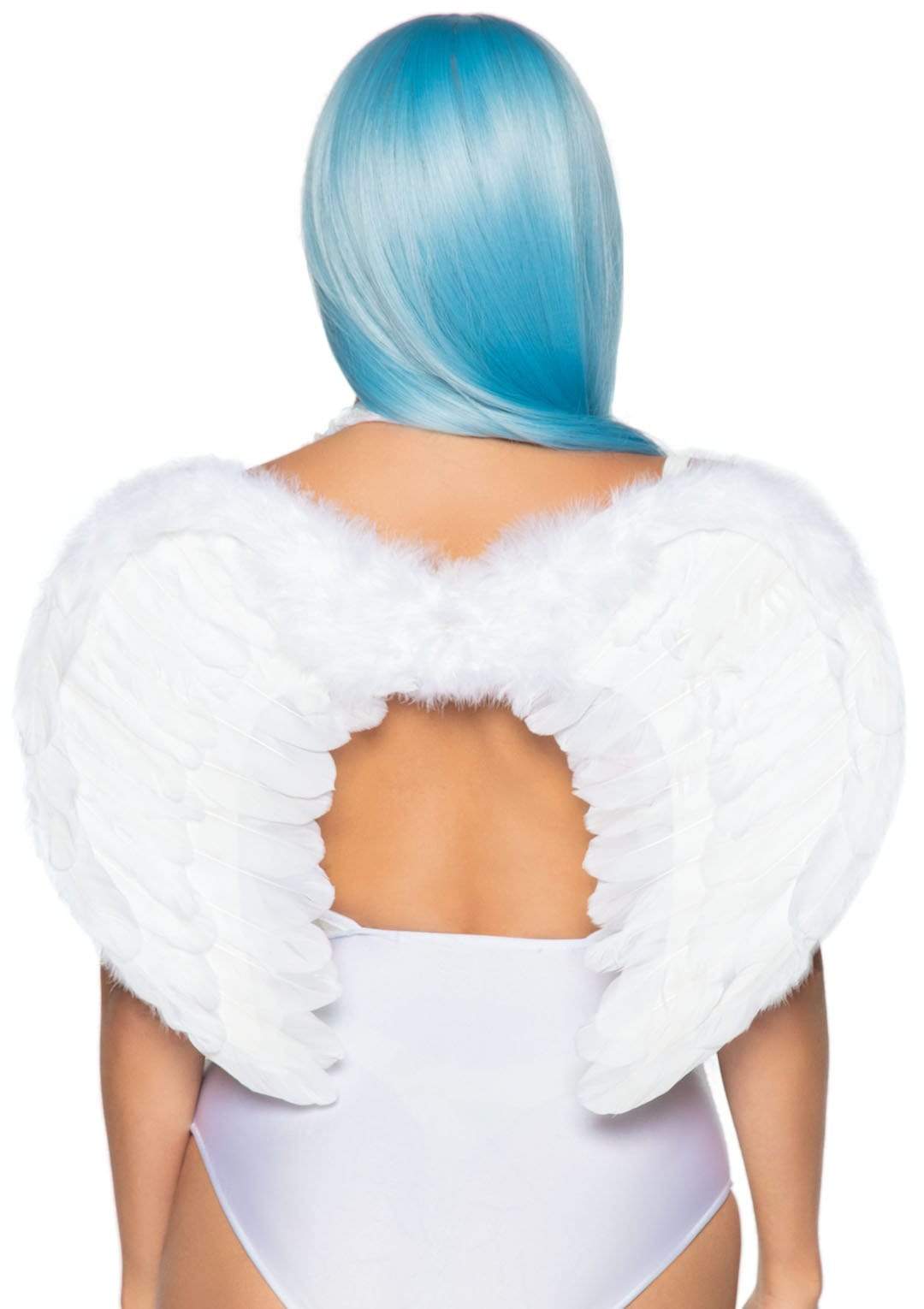 Leg Avenue Marabou Trimmed Feather Angel Wings White worn by a model with blue hair, showcasing the luxurious design.