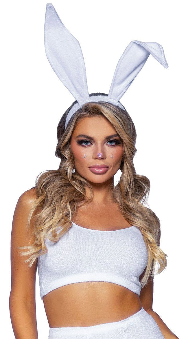 Leg Avenue Bendable Velvet Bunny Rabbit Ears Headband White worn by model with soft velvet rabbit ears.