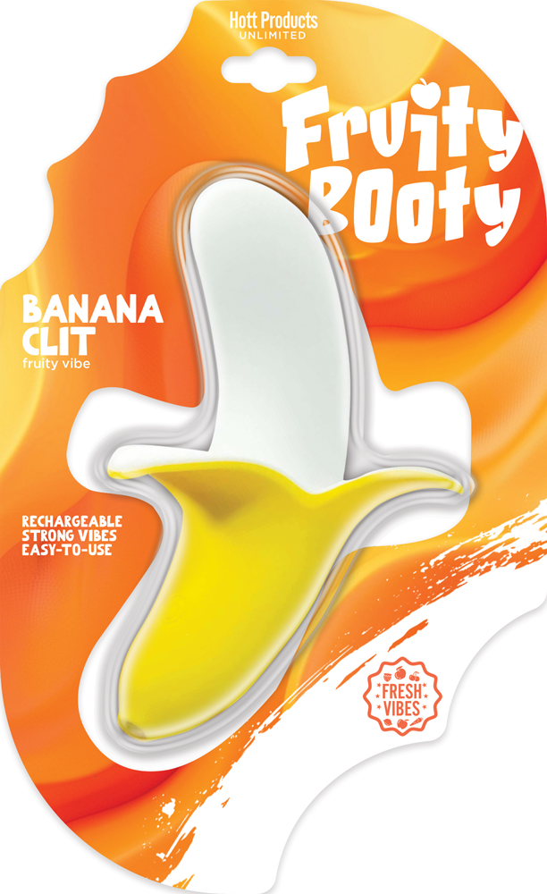 Fruity Booty Banana Clit Mini Vibe packaging showcasing a playful banana-shaped clitoral vibe.
