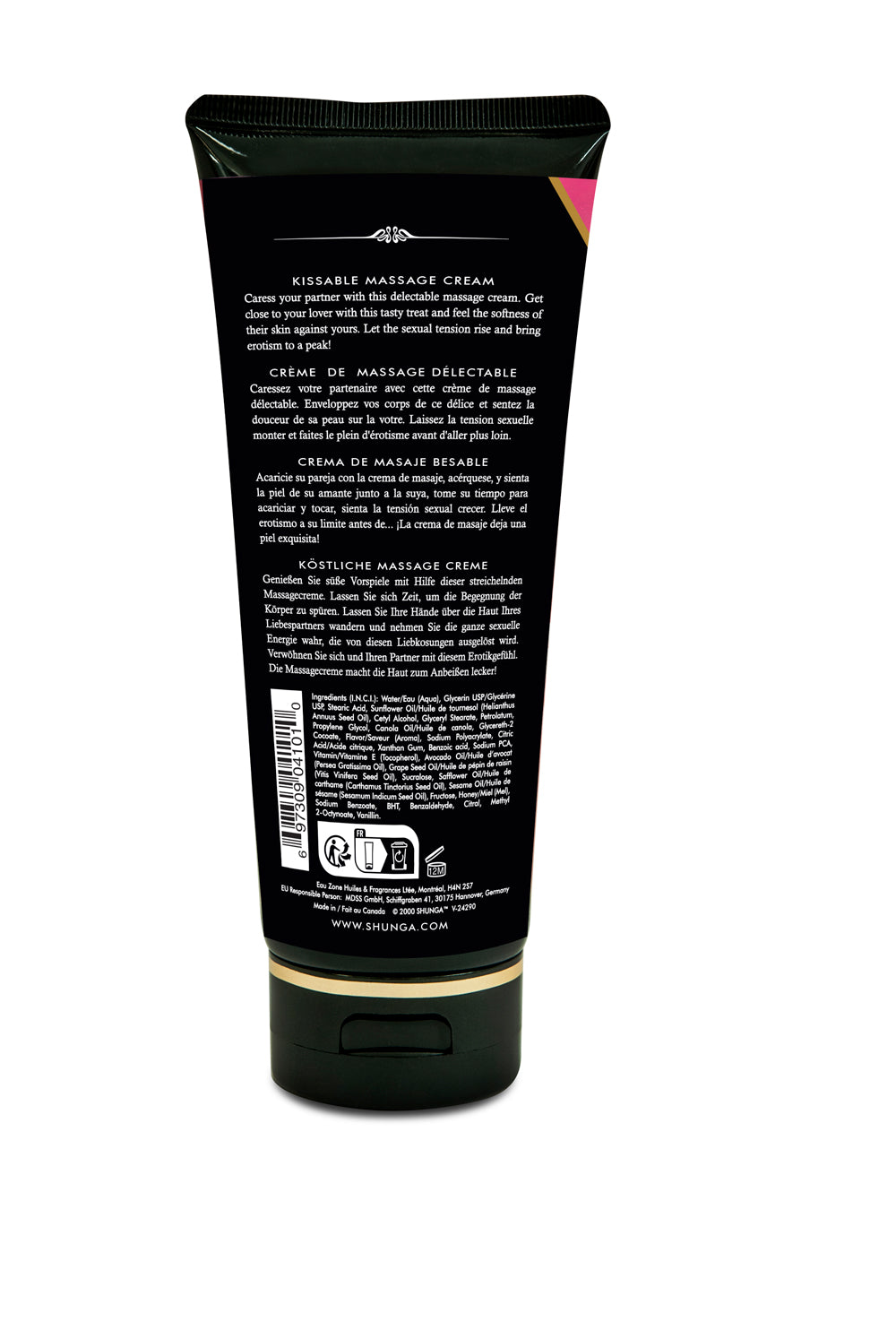 Shunga Kissable Massage Cream Raspberry Feeling 7 Fl Oz tube with sensual massage cream details.