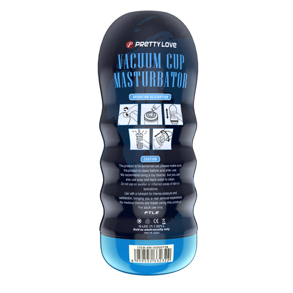 Pretty Love Anus Vacuum Cup Masturbator Beige back view showing operational instructions and care guidelines.
