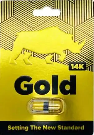 Rhino 14K Gold capsule packaging, showcasing advanced male enhancement for stamina and performance.