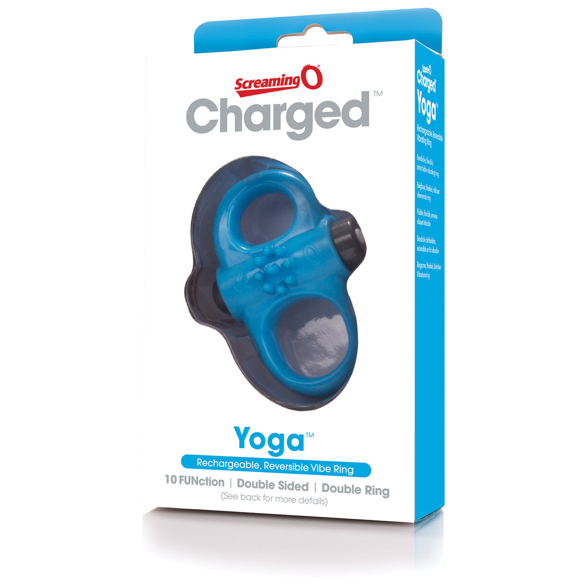 Screaming O Charged Yoga Rechargeable Vibe Ring Blue packaging highlighting its features and design.