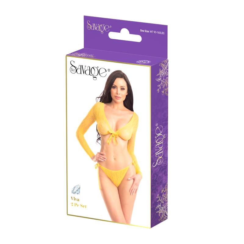 Savage Lingerie Viva 2 Piece Lingerie Set Yellow packaging featuring a model in a yellow lingerie set.