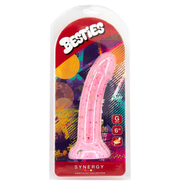 Besties Particles Collection Synergy Silicone Dildo in vibrant pink packaging showcasing playful design and size.