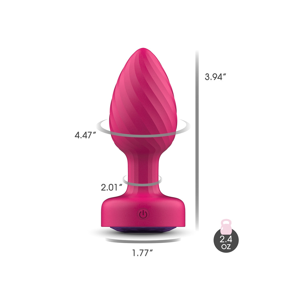 Twila Purple Gem Light Up Vibrating Anal Plug dimensions with a vibrant pink design and highlighted measurements.