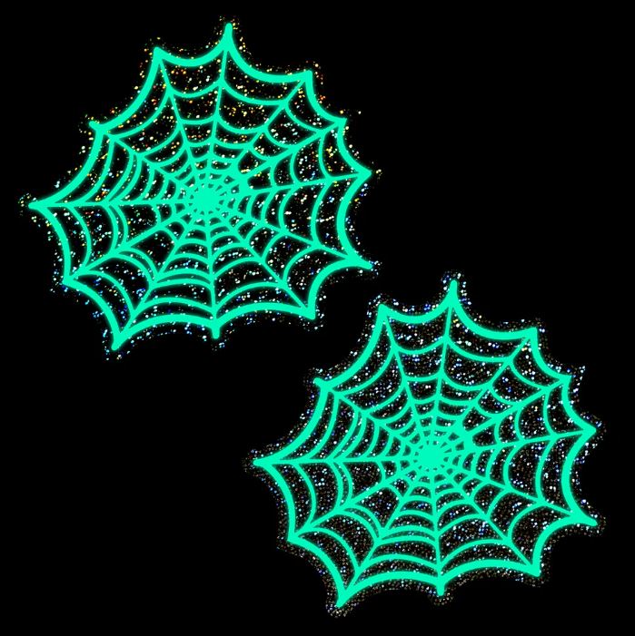 Pastease Glitter Black Glow In The Dark Spider Pasties design featuring sparkling green spider web patterns.