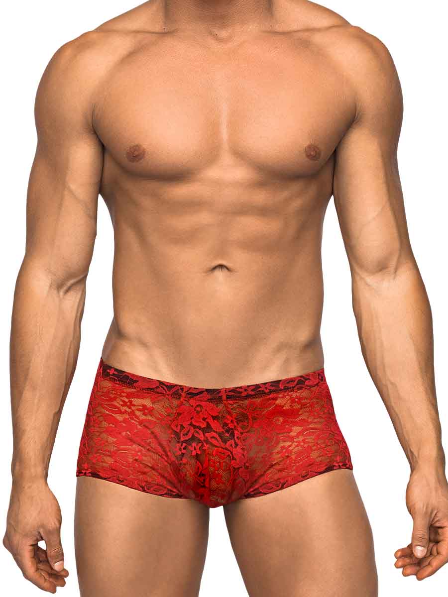 Male Power Stretch Lace Mini Short Small Red worn by a muscular model, showcasing a bold and confident design in floral lace.