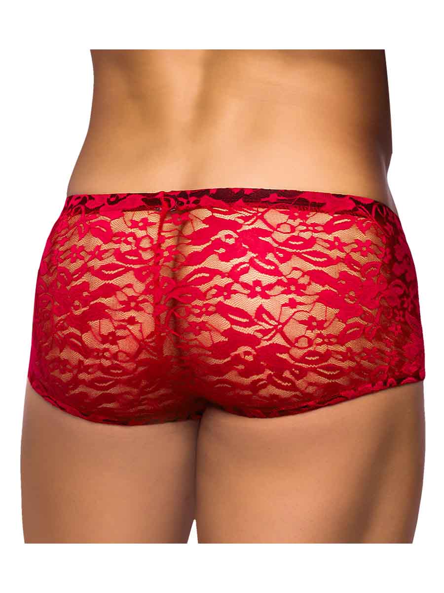 Male Power Stretch Lace Mini Short Small Red showing the back view, highlighting the elegant floral lace design.