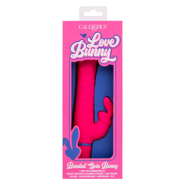 Love Bunny Beaded Spin Bunny Dual Motor Vibrator Pink in packaging showcasing design and features.