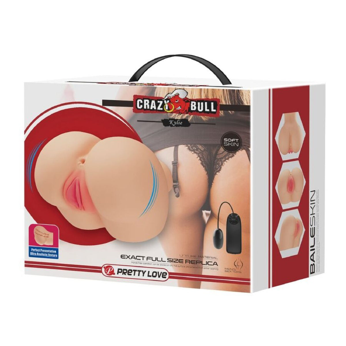 Kylie Realistic Vagina and Ass Vibrating Masturbator Light packaging showcasing lifelike entry points and textures.