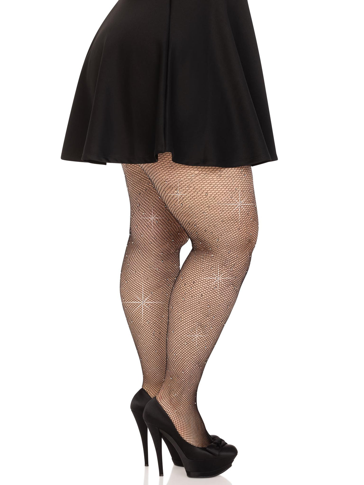 Leg Avenue Colby Rhinestone Fishnet Tights 1X/2X Black worn with a black skirt and high heels, showcasing sparkly rhinestones.